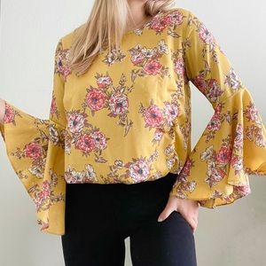 Bobeau Mustard Yellow Floral Bell Sleeve Blouse S